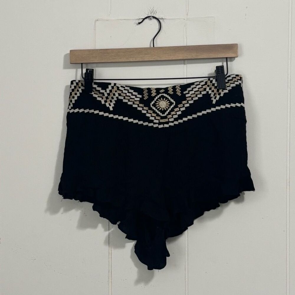 Design Lab Womens Black Embroidered Ruffle Hem Boho Shorts Size‎ L